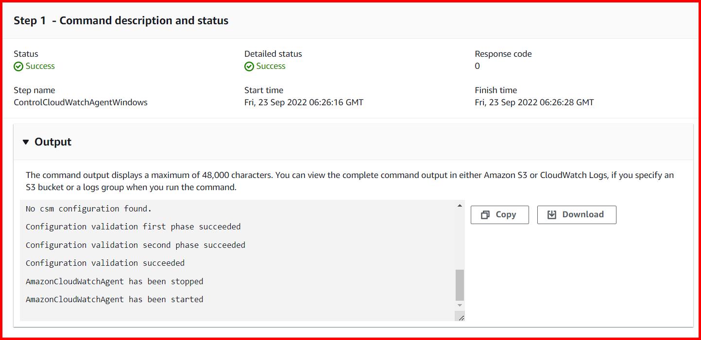 Picture showing the output of the AmazonCloudWatch-ManageAgent command execution